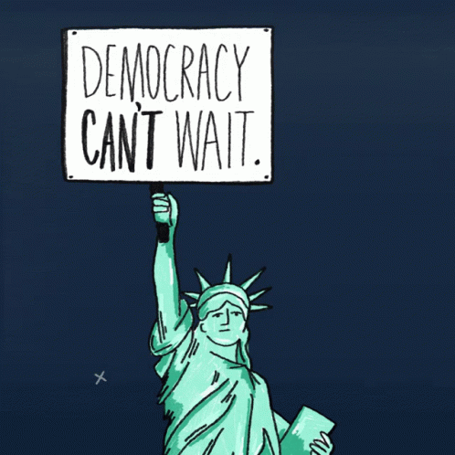 there is a political sign that reads democracy can't wait