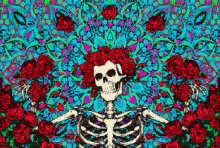 a large painting of a skeleton with flowers