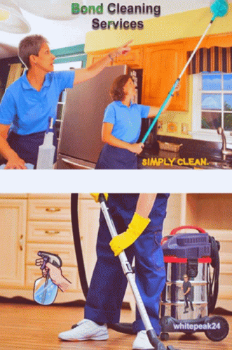 two pictures show a man and woman cleaning the room