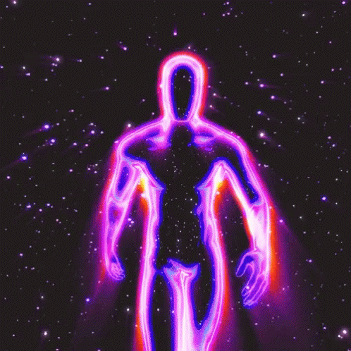 an abstract person walking through a space filled with stars