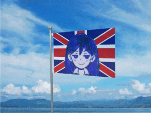 the flag with a painting of a girl on it is flying in the sky
