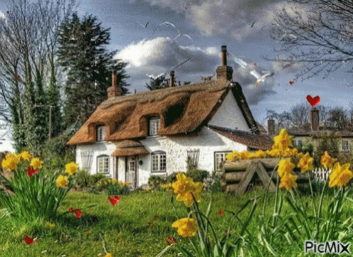 a digital painting of blue flowers in front of a cottage