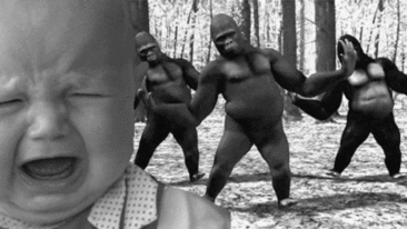 this black and white pograph shows three babies in the woods with their mouths open and their faces covered by hands, with three men dressed up in different outfits