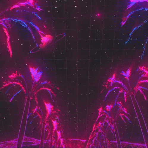 two palm trees are standing near a purple sky