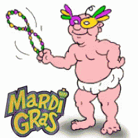 a cartoon character holds a mardi gras baton
