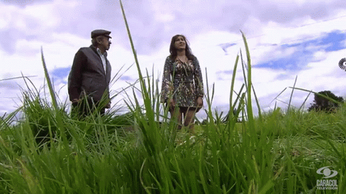 two people are standing in some tall green grass