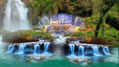 waterfall in front of green and blue backdrop