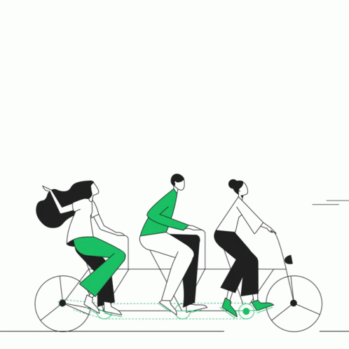 a line drawing of people on bicycles and one is looking to the side