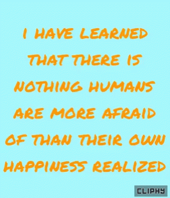 blue writing with an orange background that says i have learned that there is nothing humans are more afraid of than their own happiness