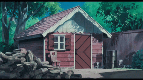 a painting of a blue shack that is next to trees