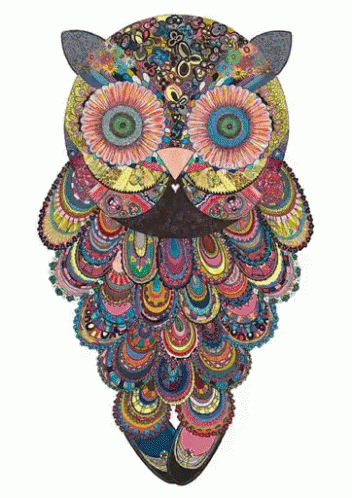 an owl with bright colors, a mask and eyes is made out of beads