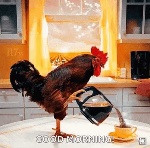the rooster is pouring his coffee into a mug
