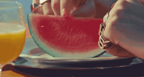 a watermelon slice on a plate with someone  the piece