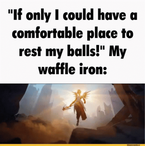 a woman with wings in the middle of her body with a caption that reads, if only i could have a comfortable place to rest my balls'my waffle iron
