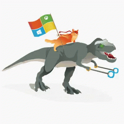 a dinosaur carrying a flag and scissors in the back