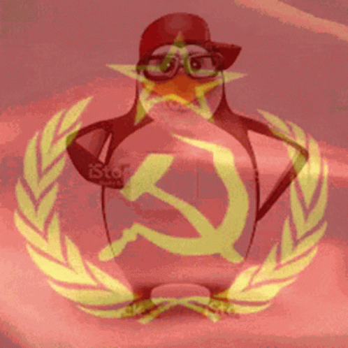 a cartoon image of an  penguin in front of the flag of anarchy
