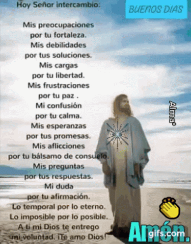 the image features a jesus in the clouds with text written in spanish