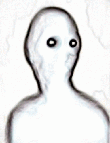 a white and black drawing of an alien man