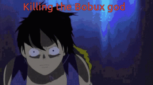 cartoon character in red jacket with words reading ing the bobux god