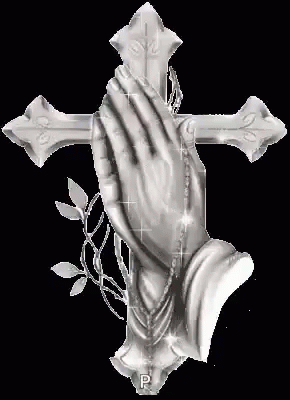a silver cross with praying hands and a leaf on the side