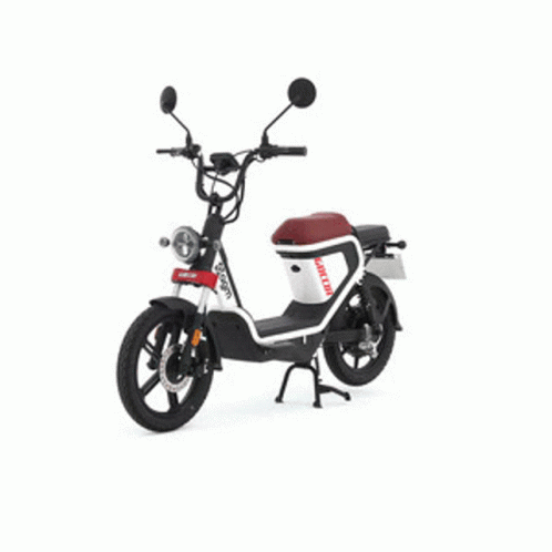 the blue and white scooter is in the white background