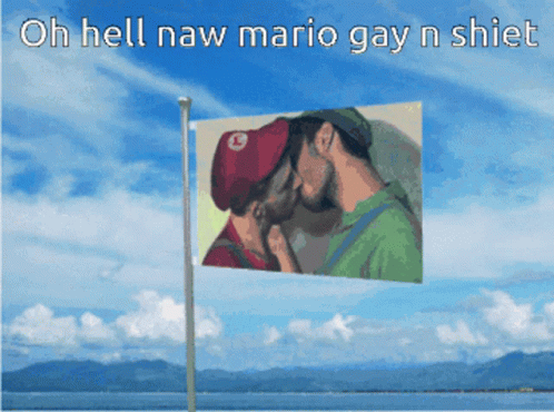this painting has words on it that reads oh hell nav mario gay n shelf