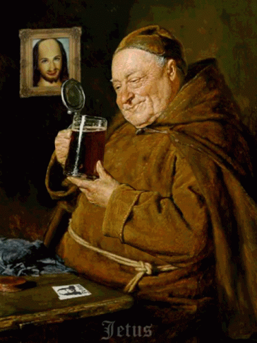 a painting with an image of a man looking at a mug