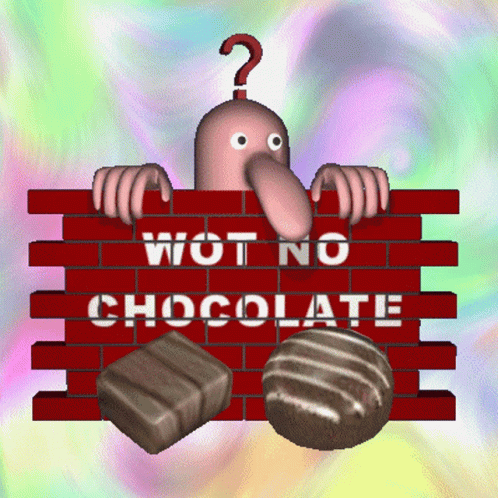a cartoon of an elephant standing in front of a sign with words that say, wot no chocolate