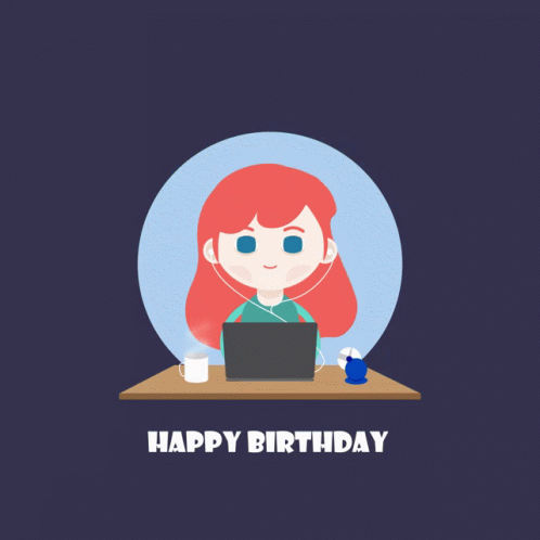 a girl is on her laptop with a happy birthday card