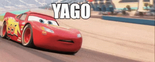 a cartoon car driving down a race track with the caption yago