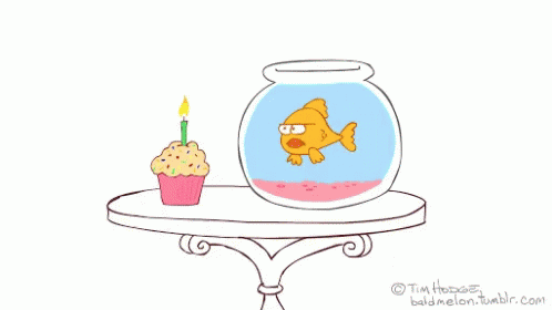 a cartoon fish sitting in front of a cupcake on a plate