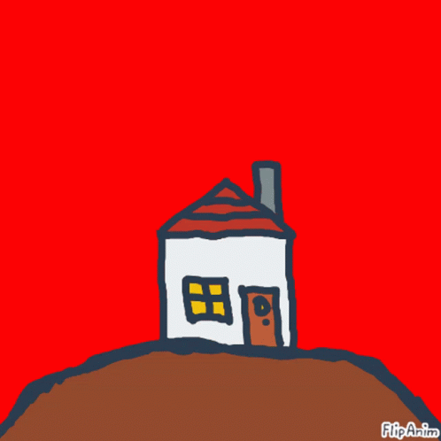 a house with a chimney is perched on a hill