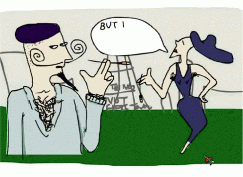 an artistic cartoon drawing shows a woman talking with a man
