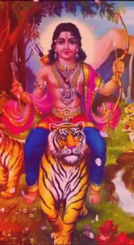 lord sitat sitting on a tiger surrounded by tigers