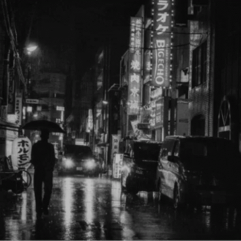 person walking down the street on rainy night with an umbrella
