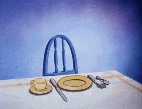 cartoon picture of a table set for breakfast with blue plate