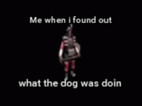 a dog walking across a black room next to words that say me when i found out what the dog was doing