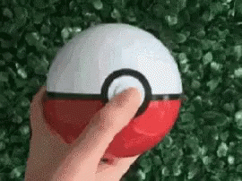 a person holding a pokemon ball in front of a patch of grass