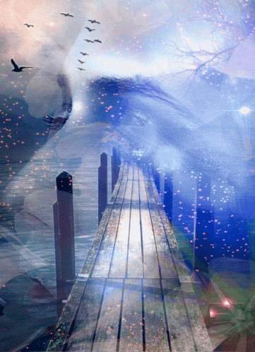 a surreal painting of a dock leading to the ocean