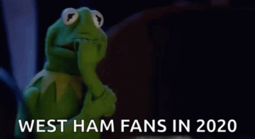 the word west ham fans in 2010 is seen on a screen image of kermie the frog