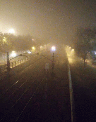 the fog is blowing across the train tracks