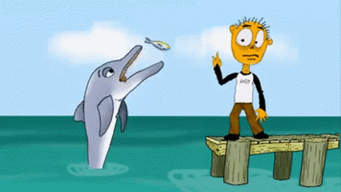 a cartoon picture of a man on a dock looking at a dolphin