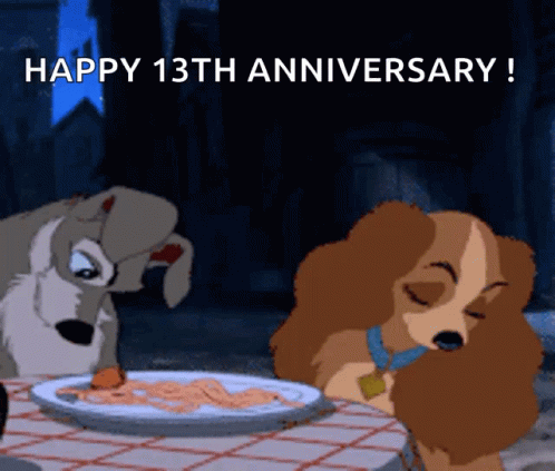 two animals having a good time at the table with a sign that says, happy 13th anniversary