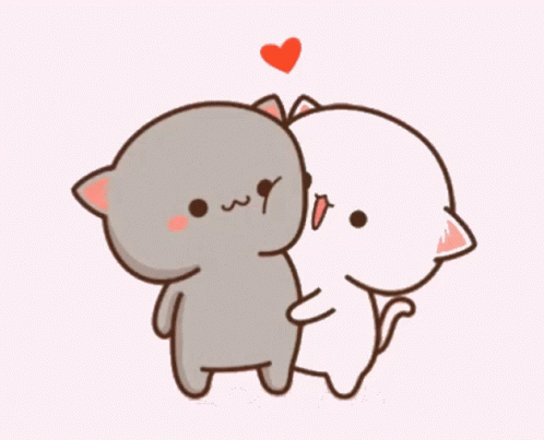 two cats hugging each other with hearts flying around