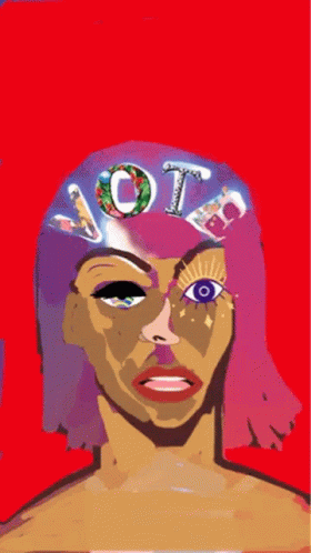 a woman with her eyes open, a hat on and a picture of the word vote in front of it