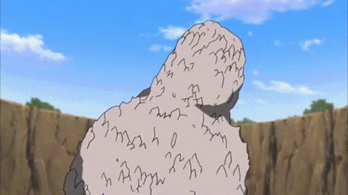 a cartoon character appears to be standing next to a big stone