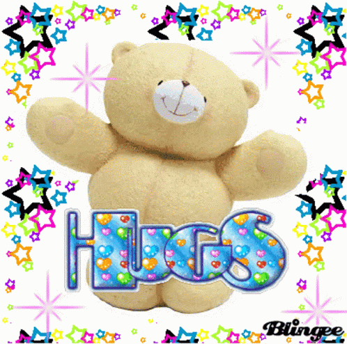 a blue teddy bear holding the word hugs