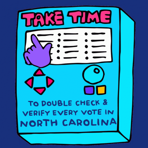 the cartoon drawing of a ticket machine with the words take time to do the check and very every vote in north carolina