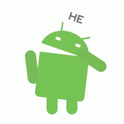 a green android with a word above it that says he
