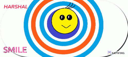 happy smiling face in the center of an abstract circle with text happy, karsihl, smile